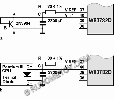 Схема подключения к микросхеме W83782D полупроводниковых термодатчиков: 