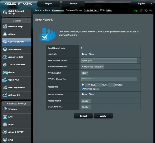 guest network setup 500x459  Обзор роутера Asus RT AX89X с поддержкой 10 Гбит и WiFi 6