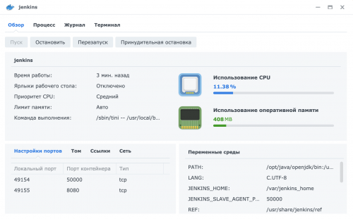 synology docker jenkins run 500x311 Возможности программного обеспечения Synology NAS DS920+
